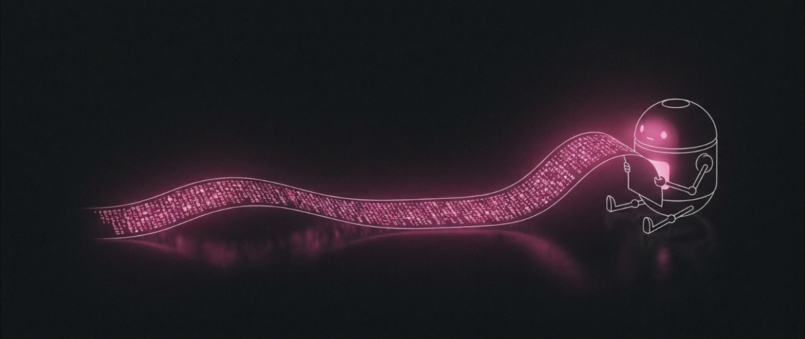A small robot reading a glowing pink scroll of code that unfurls across a dark field.