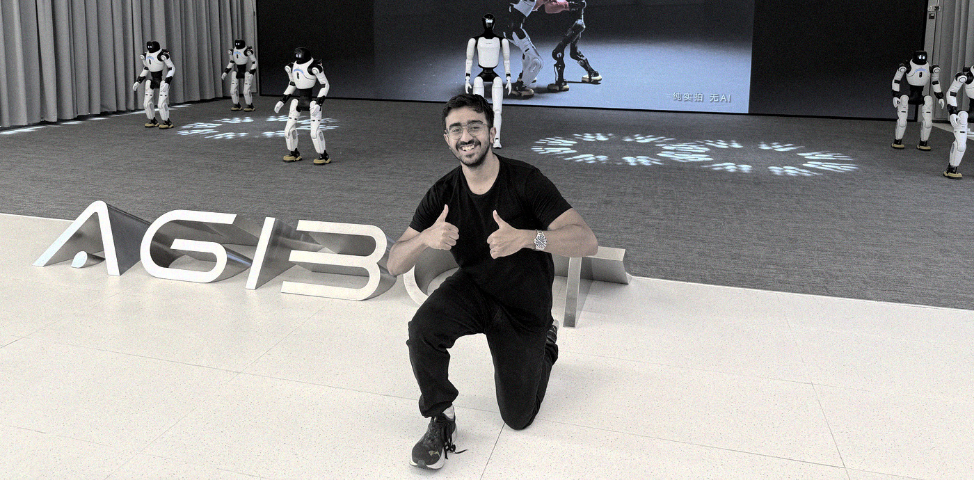 Rushant in the AGIBOT robotics room in Shanghai